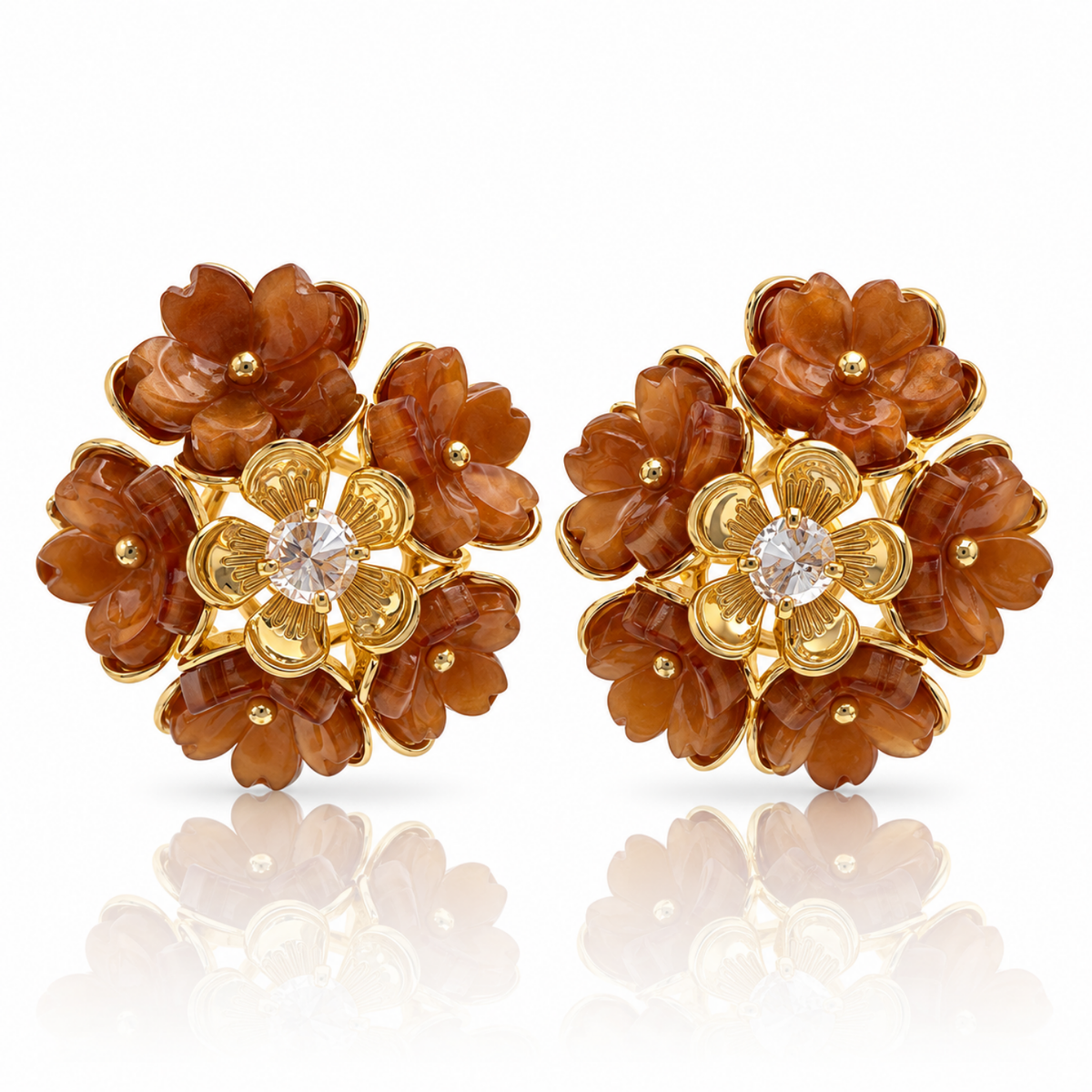 Amber Bloom Caramel Floral Stud Earrings in 18ct Gold Plating