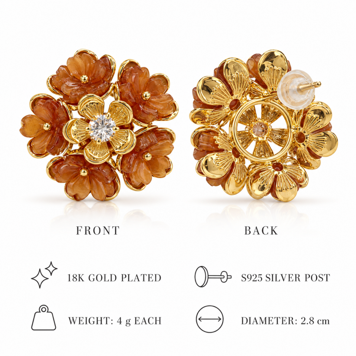 Amber Bloom Caramel Floral Stud Earrings in 18ct Gold Plating