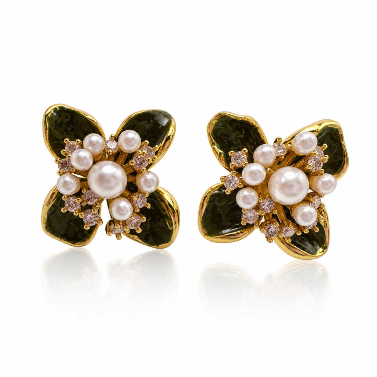 Gold-Plated Flower Stud Earrings with Pearls & Rhinestones