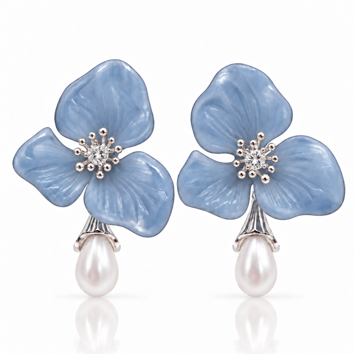 Celeste Blossom – Light Blue Flower, Diamanté & Imitation Pearl Drop Earrings