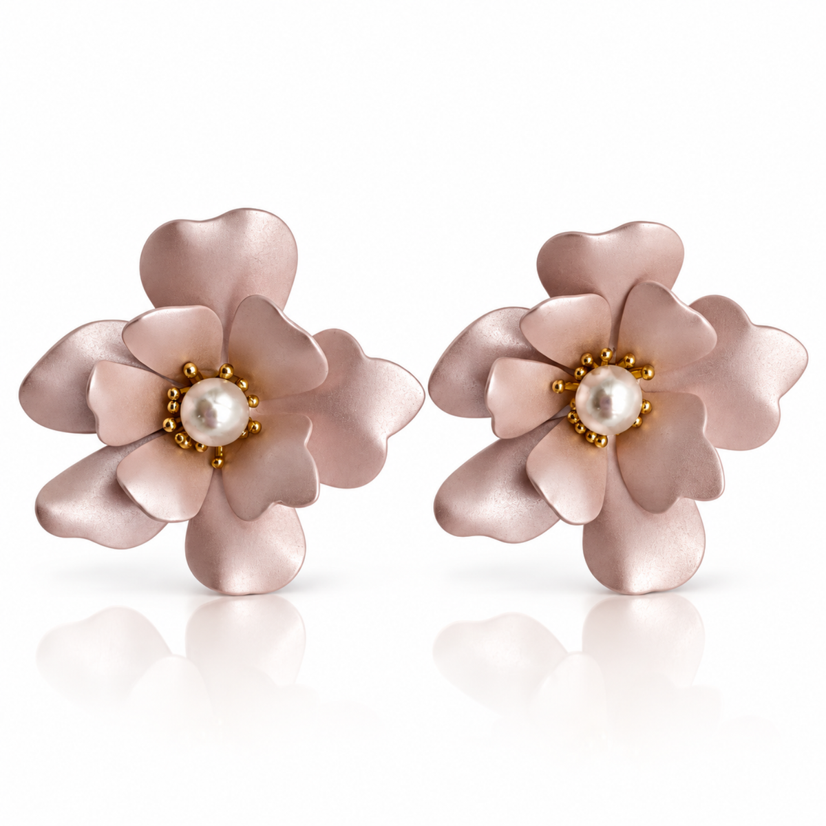 Blush Pink Flower Earrings with Faux Pearls