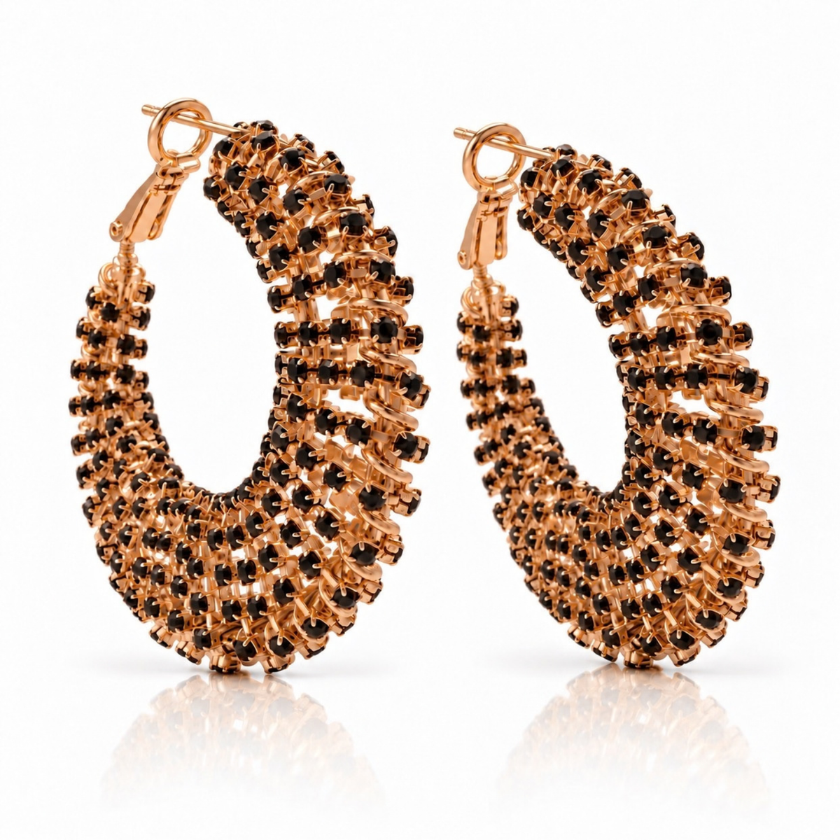 Black Rhinestone Statement Hoop Gold Earrings