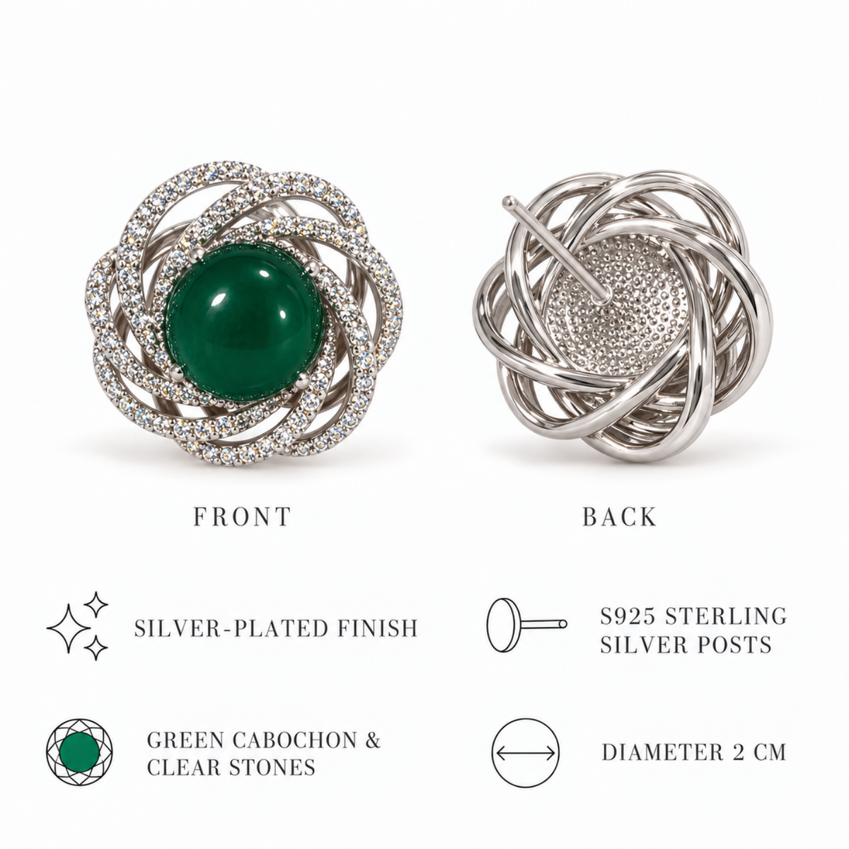 Emerald Rosette – Green Cabochon Stud Earrings, Silver-Plated