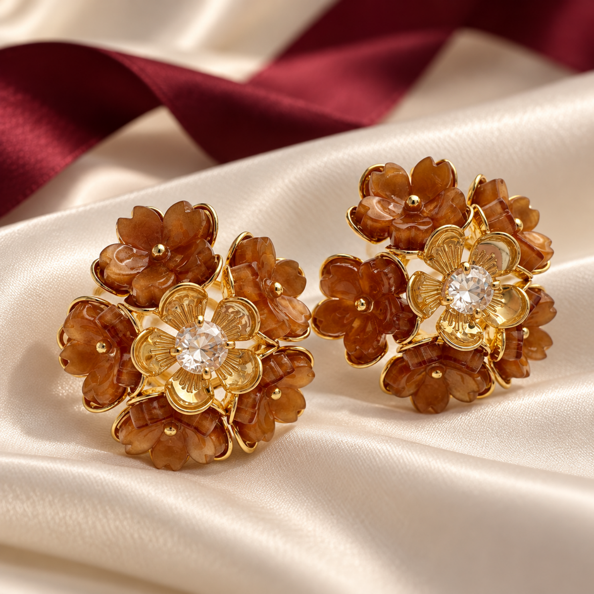 Amber Bloom Caramel Floral Stud Earrings in 18ct Gold Plating