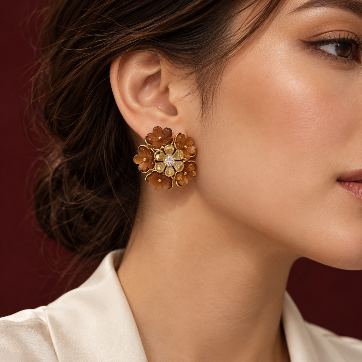 Amber Bloom Caramel Floral Stud Earrings in 18ct Gold Plating