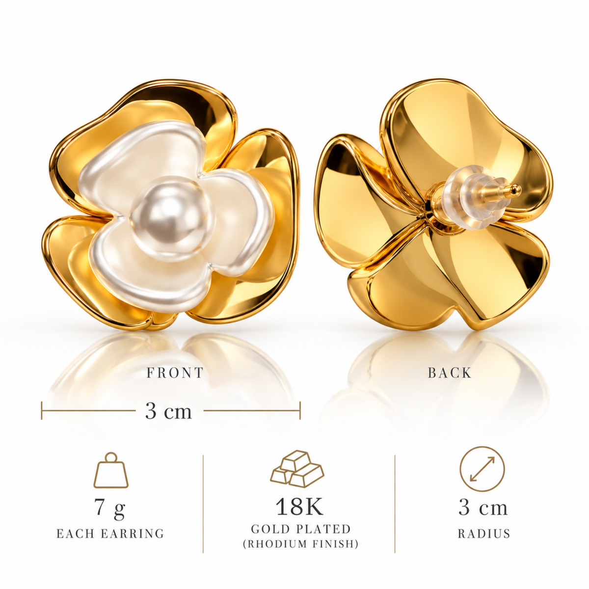 Golden Camellia – Pearl Flower Stud Earrings, 18-Carat Gold-Plated | Sheronik