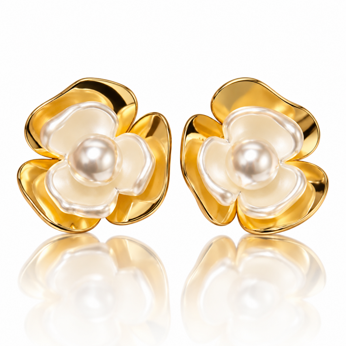 Golden Camellia – Pearl Flower Stud Earrings, 18-Carat Gold-Plated | Sheronik