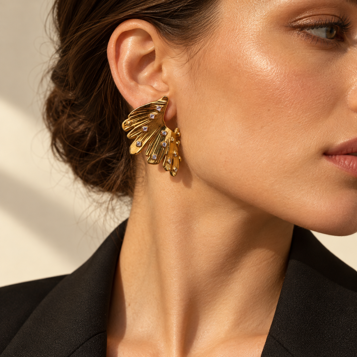 Golden Muse – Sculptural Fan Stud Earrings, 18-Carat Gold-Plated