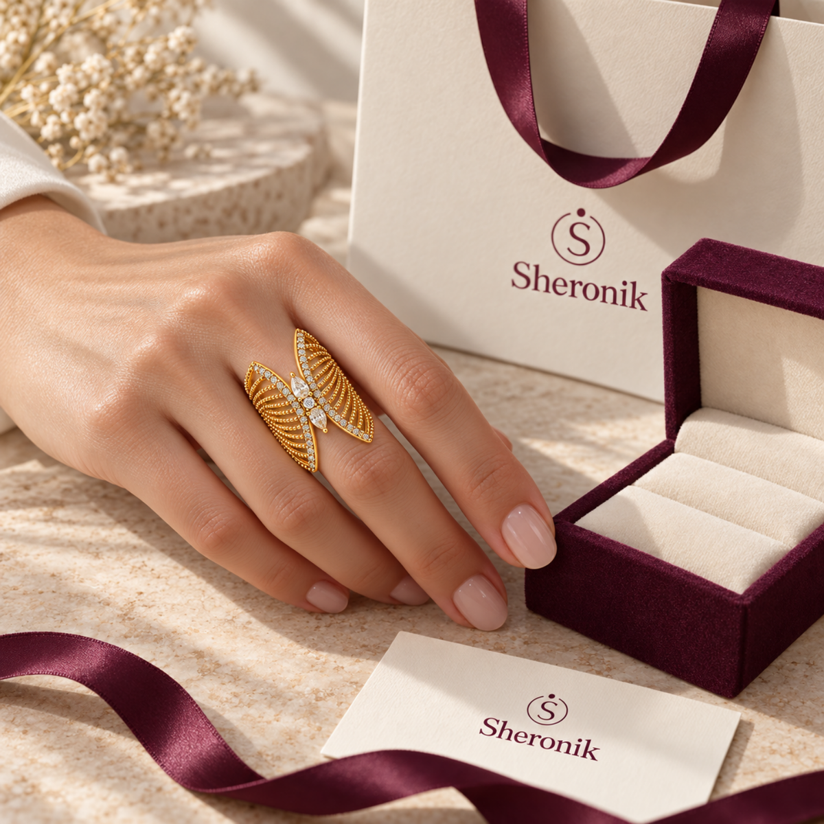 Golden Wings – Openwork Statement Ring, 18-Carat Gold-Plated