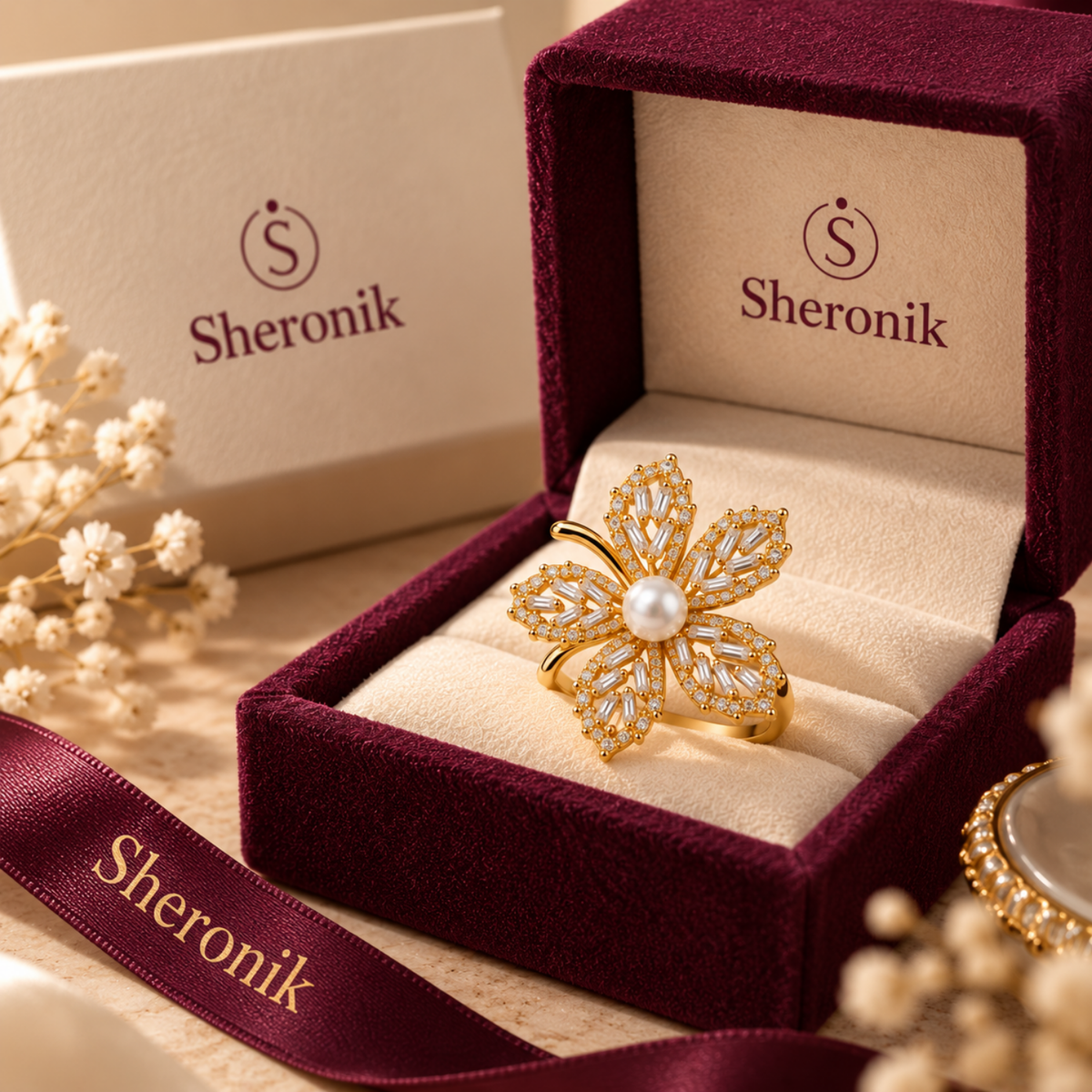 Maple Glow – Pearl-Accent Maple Leaf Ring, 18K Gold-Plated