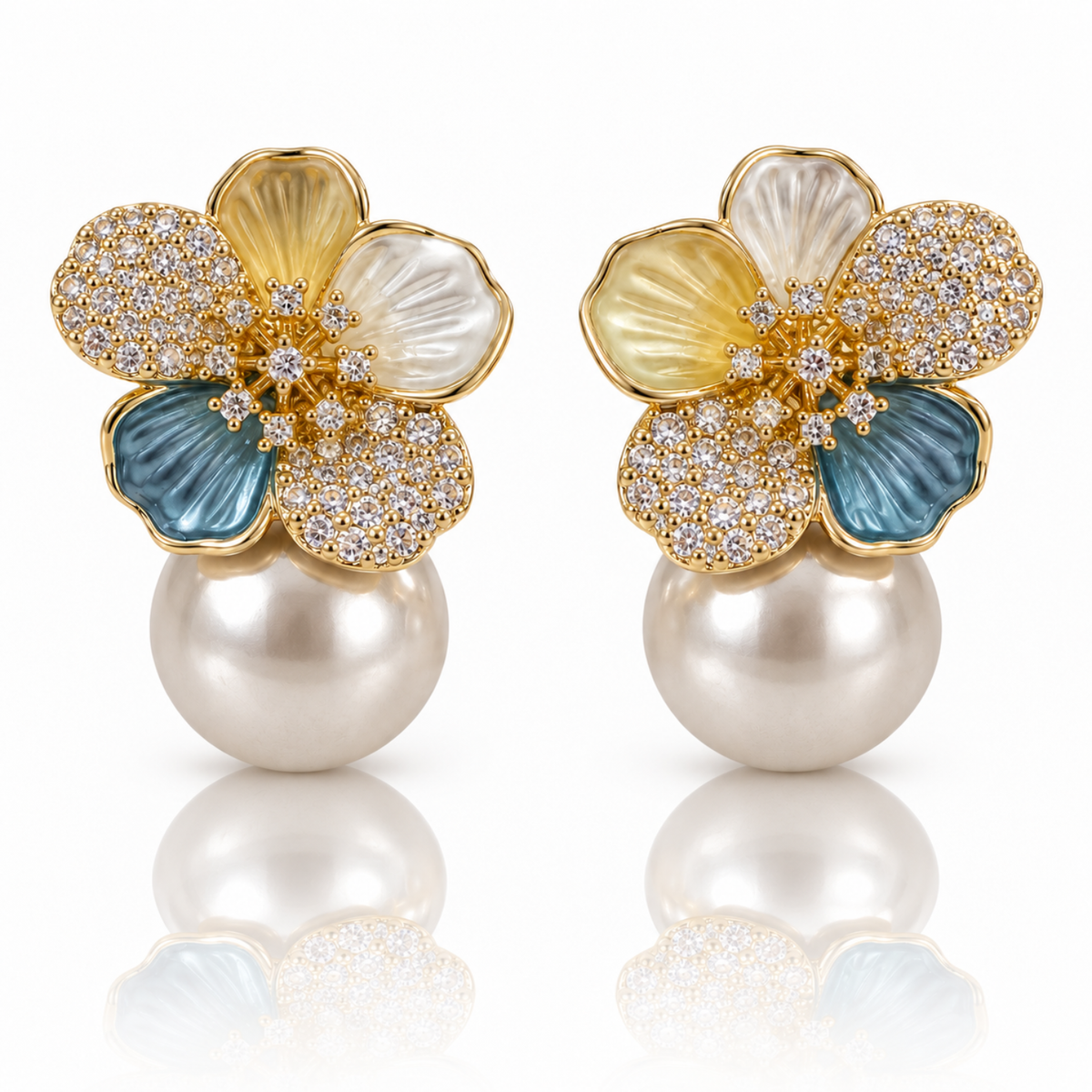 Opaline Blossom – Multicolour Flower & Diamanté Pearl-Effect Drop Earrings