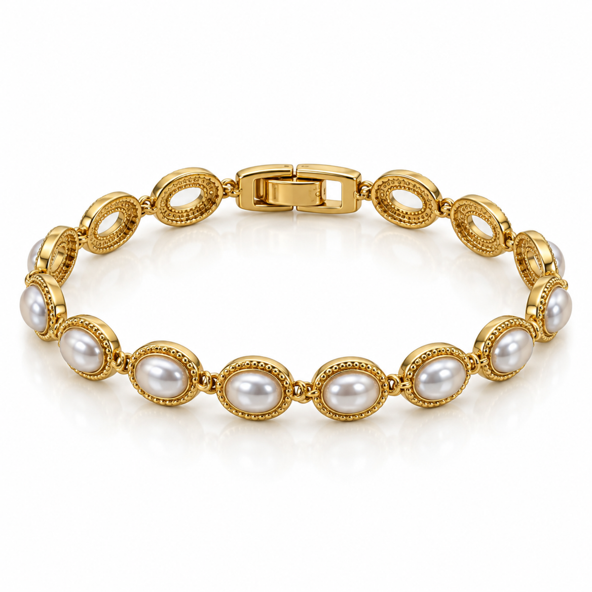 Pearl Grace – Pearl-Effect Oval Link Bracelet, 18-Carat Gold-Plated