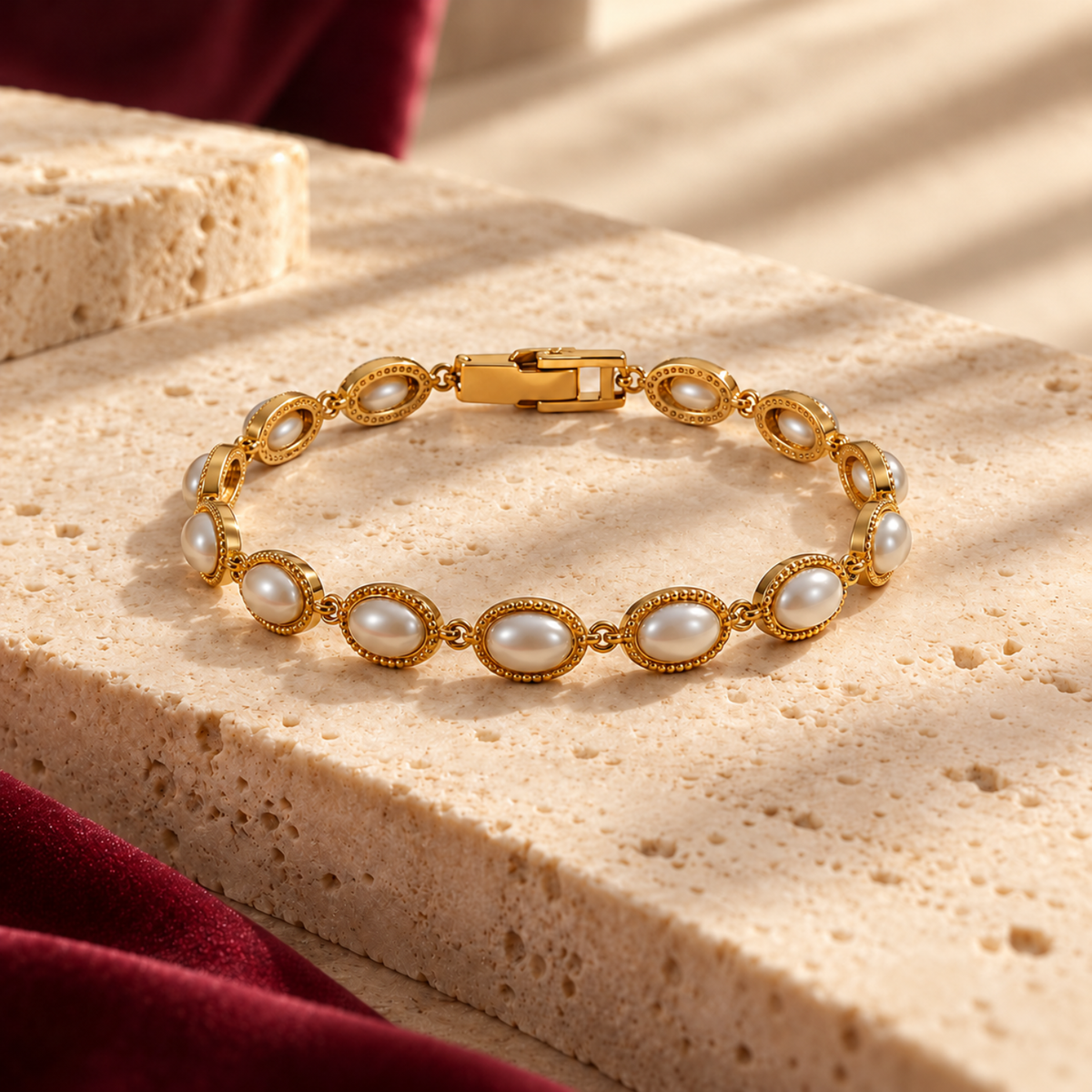Pearl Grace – Pearl-Effect Oval Link Bracelet, 18-Carat Gold-Plated