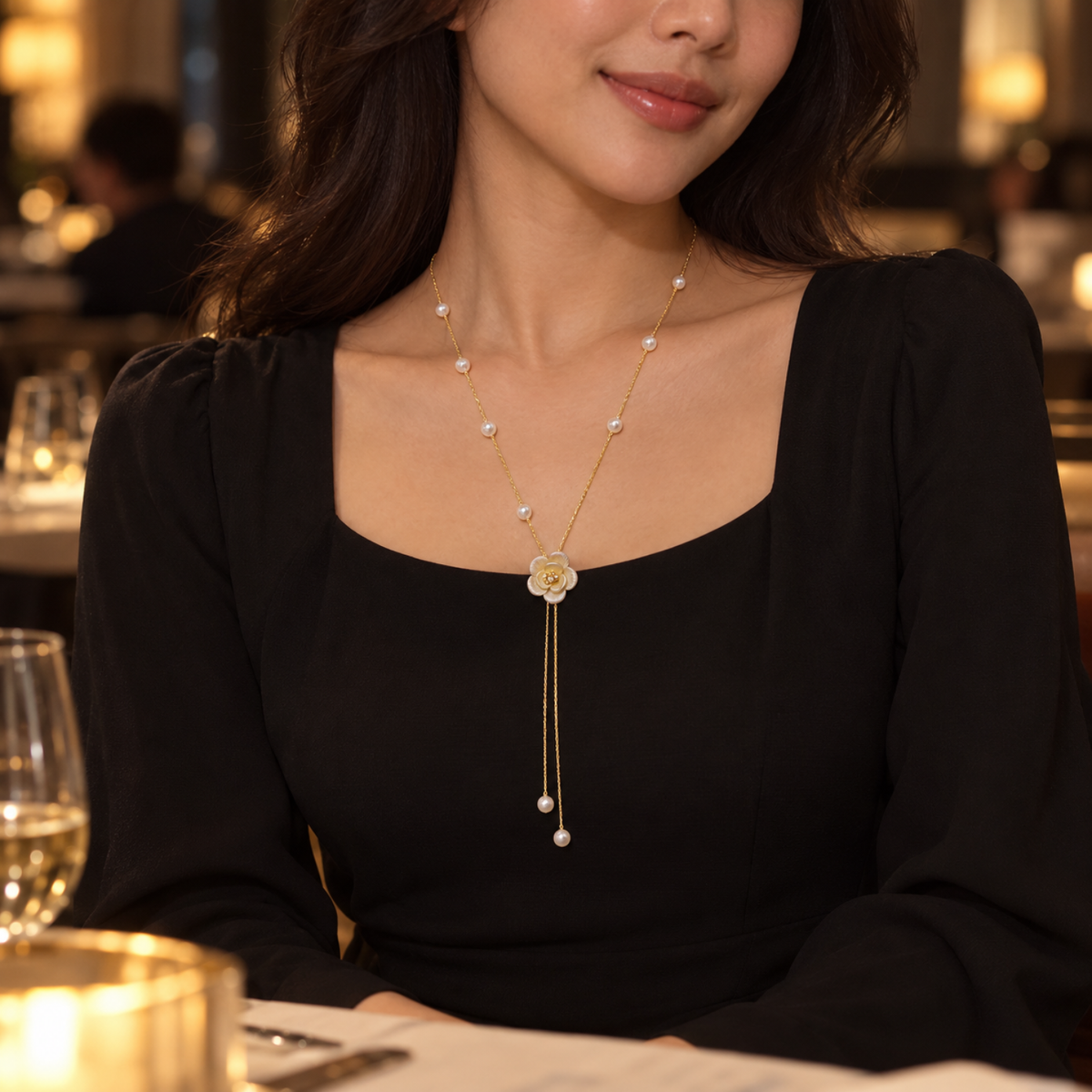 Pearl Blossom – 18K Gold-Plated Adjustable Pearl-Effect Flower Lariat Necklace