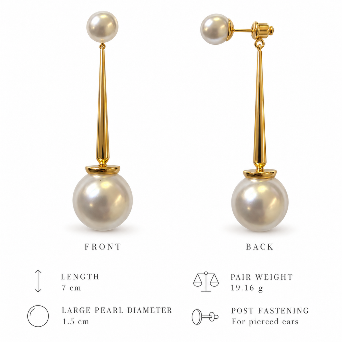 Belgravia Pearl – Long Pearl-Effect Drop Earrings in Gold Tone