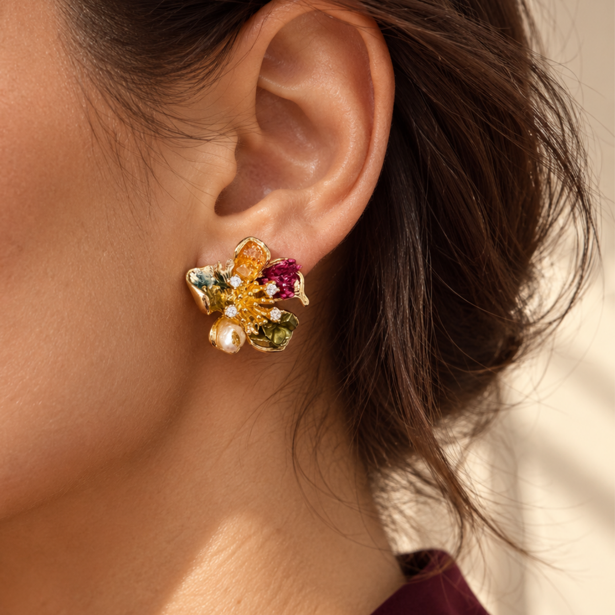 Botanical Bloom – Multicolour Floral Stud Earrings, 18 Carat Gold Plated