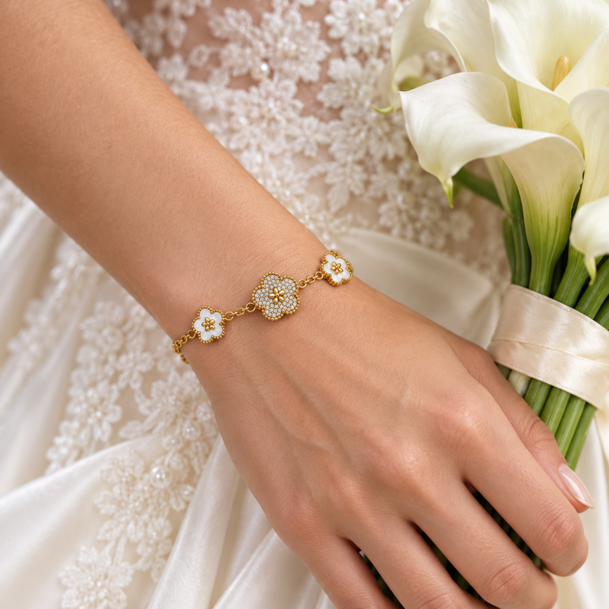 Ivory Bloom – Pearlescent Floral Bracelet, 18-Carat Gold-Plated