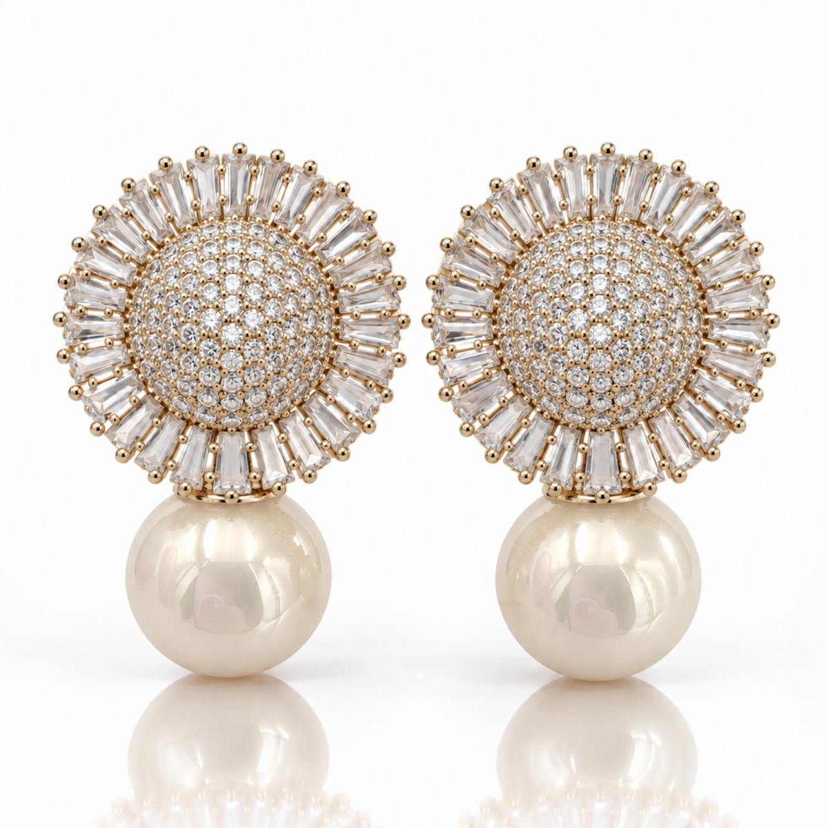 Champagne Halo – Gold-Tone Crystal Halo & Pearl-Effect Drop Earrings