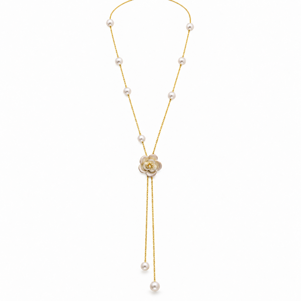 Pearl Blossom – 18K Gold-Plated Adjustable Pearl-Effect Flower Lariat Necklace