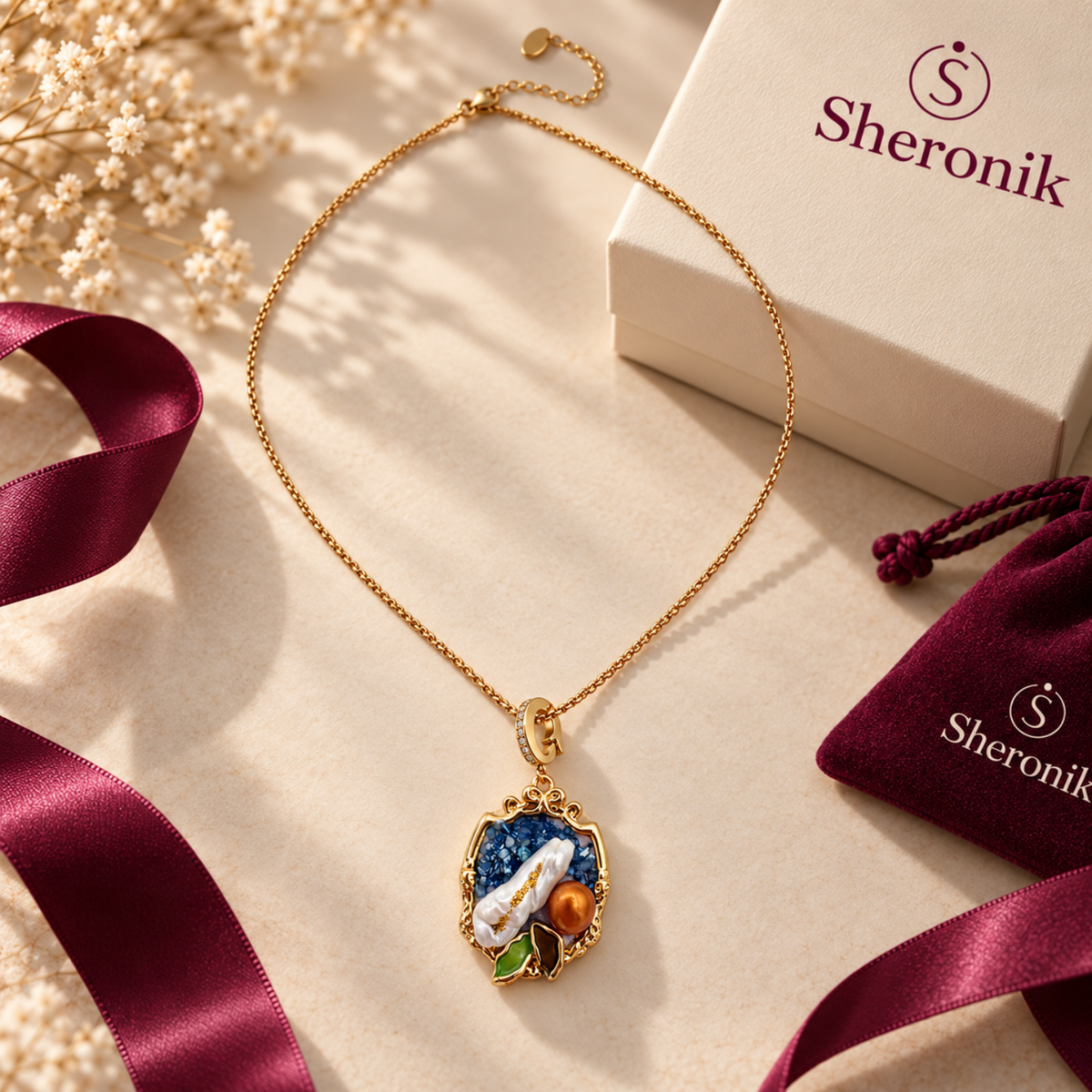 Azure Mosaic – Handmade 18K Gold-Plated Blue Mosaic Pearl-Effect Pendant Necklace
