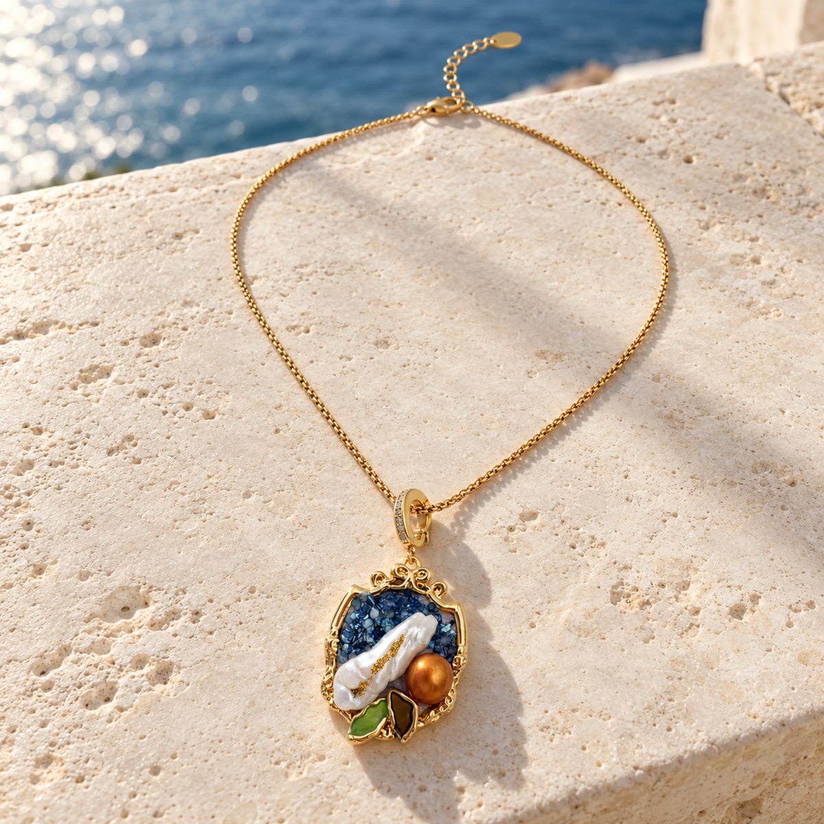 Azure Mosaic – Handmade 18K Gold-Plated Blue Mosaic Pearl-Effect Pendant Necklace