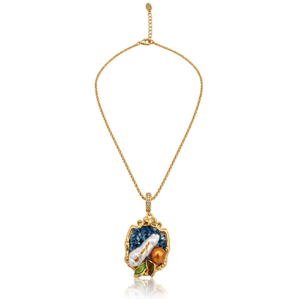 Azure Mosaic – Handmade 18K Gold-Plated Blue Mosaic Pearl-Effect Pendant Necklace