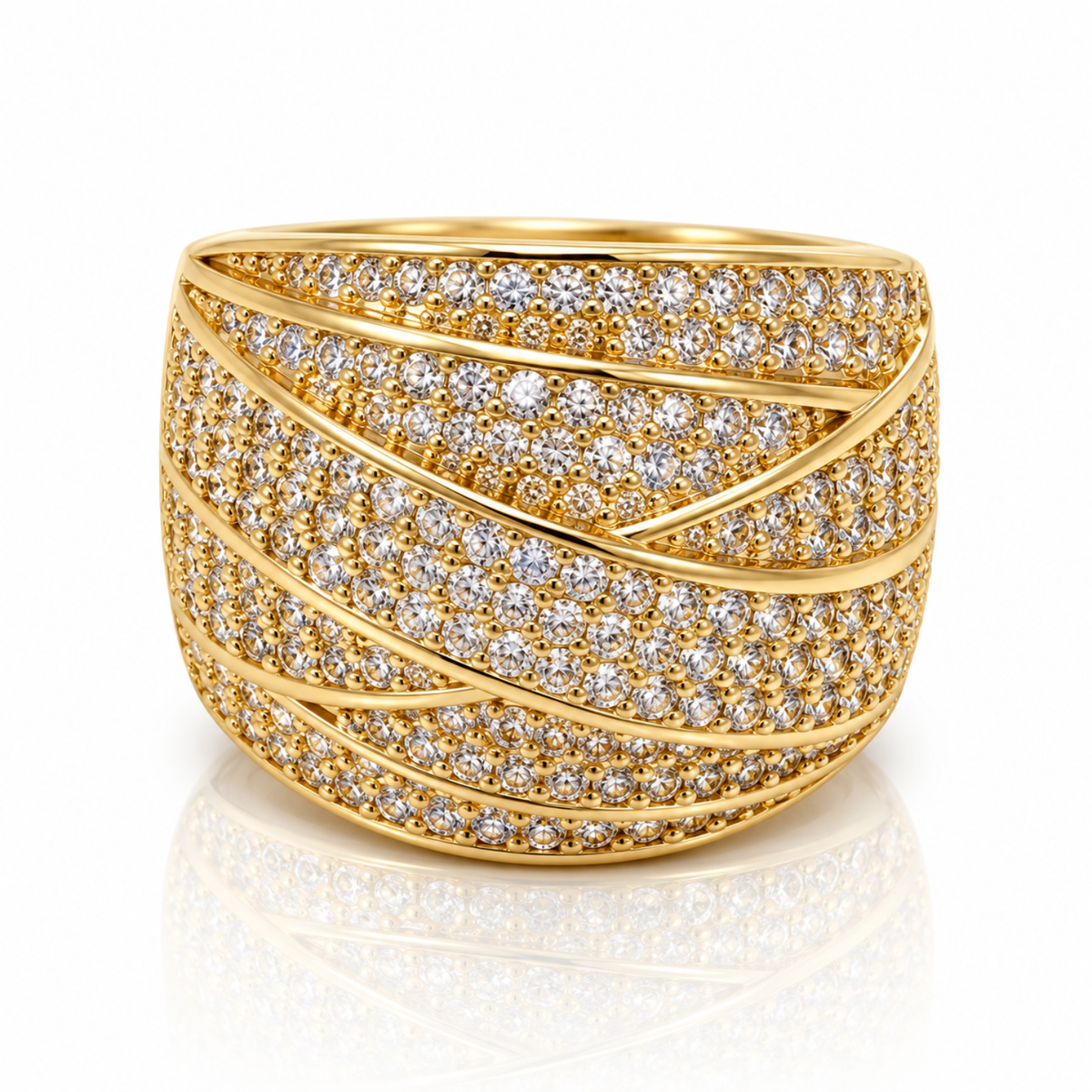 Golden Weave – 18K Gold-Plated Pavé Crossover Wide Band Ring