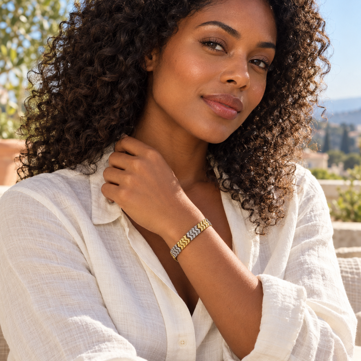 18K Gold-Plated Gold & Silver-Tone Chevron Bracelet with Clear Stones