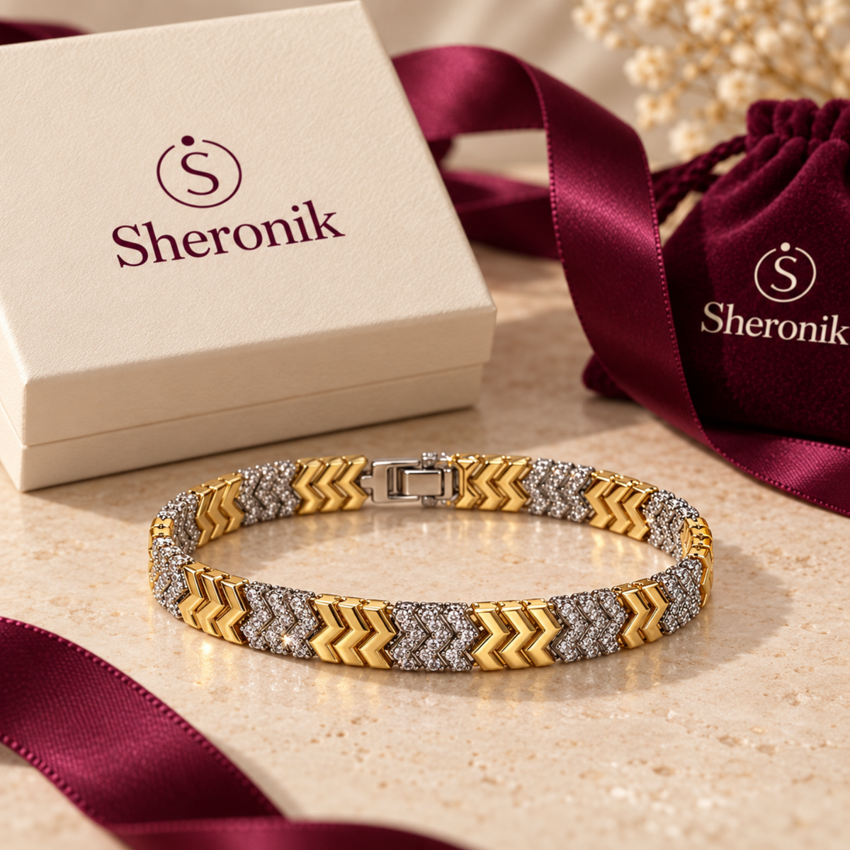 18K Gold-Plated Gold & Silver-Tone Chevron Bracelet with Clear Stones