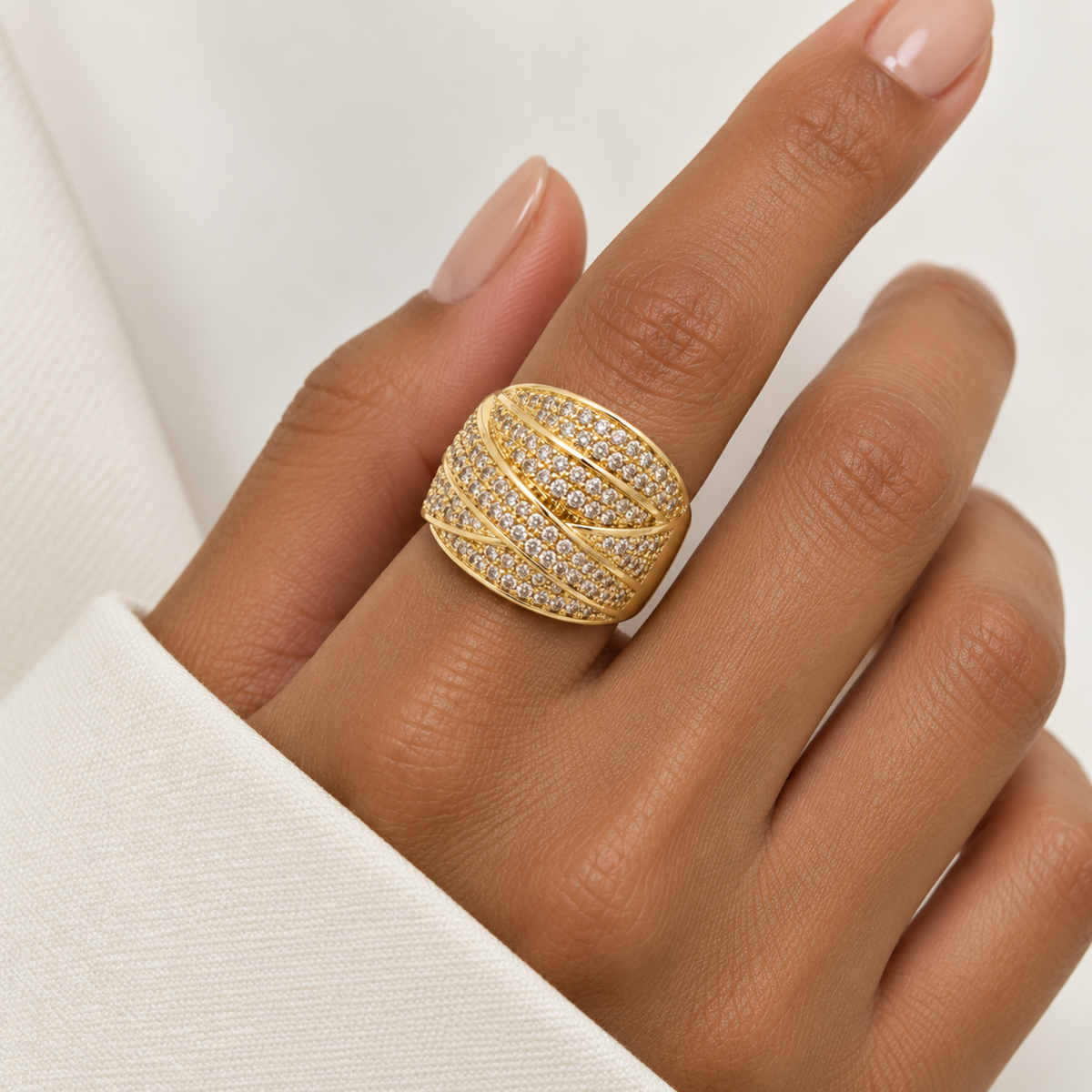 Golden Weave – 18K Gold-Plated Pavé Crossover Wide Band Ring