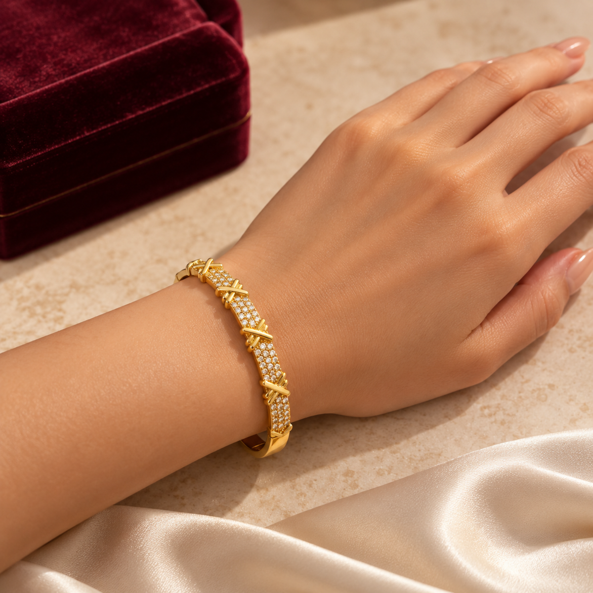 Golden Embrace- 18K Gold-Plated Oval Bangle Bracelet with Clear Stones – Golden Embrace