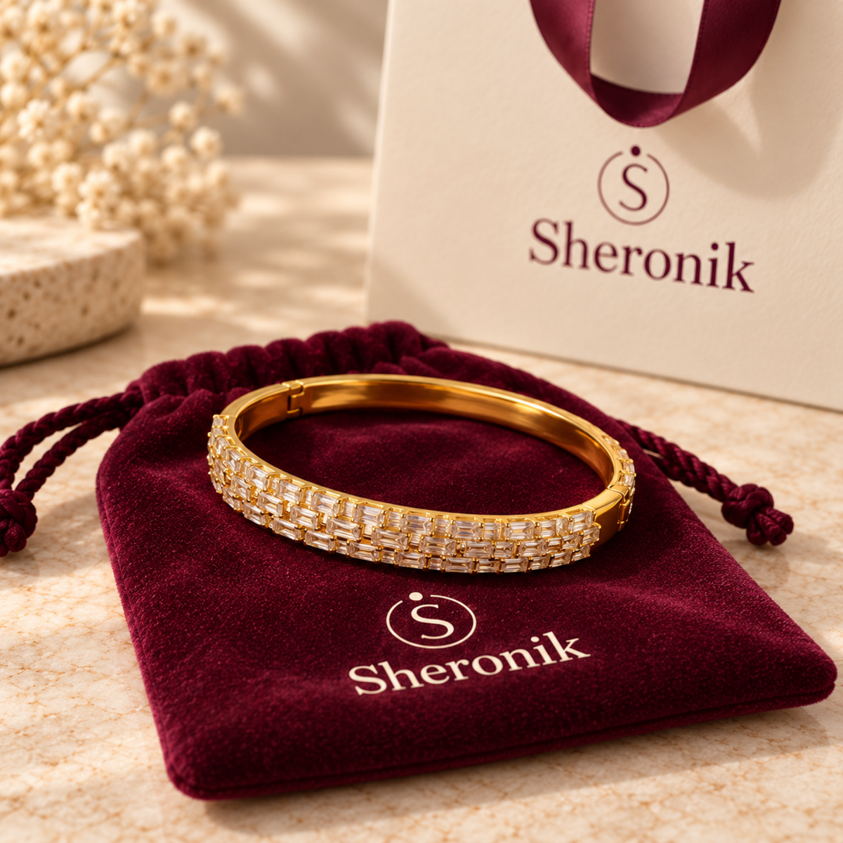 18K Gold-Plated Baguette Stone Oval Bangle Bracelet – Golden Radiance