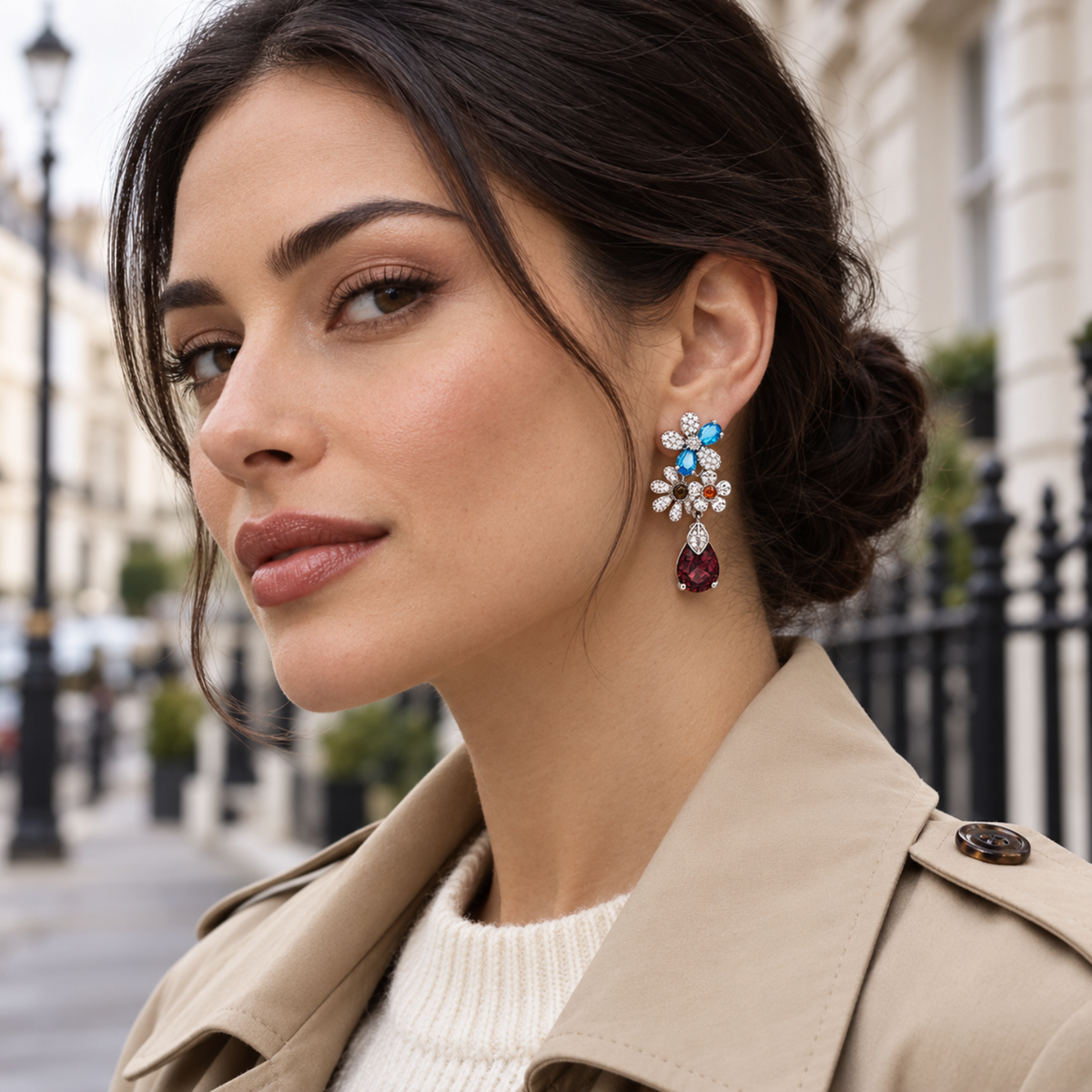 Kensington Bloom – Multicoloured Floral Drop Earrings in Silver Tone