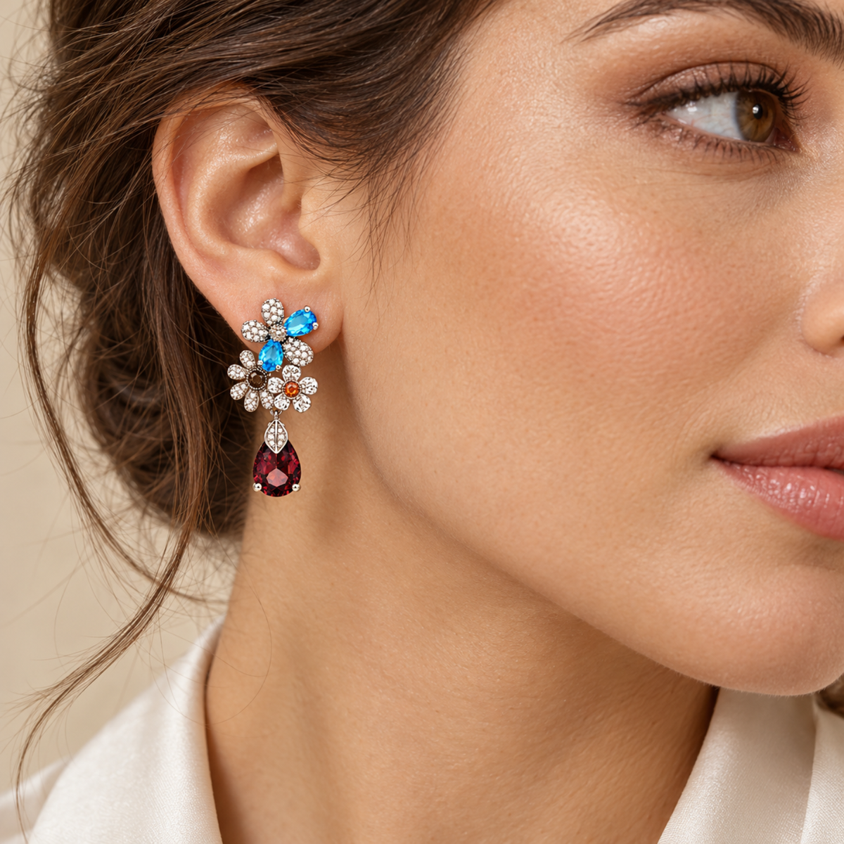 Kensington Bloom – Multicoloured Floral Drop Earrings in Silver Tone