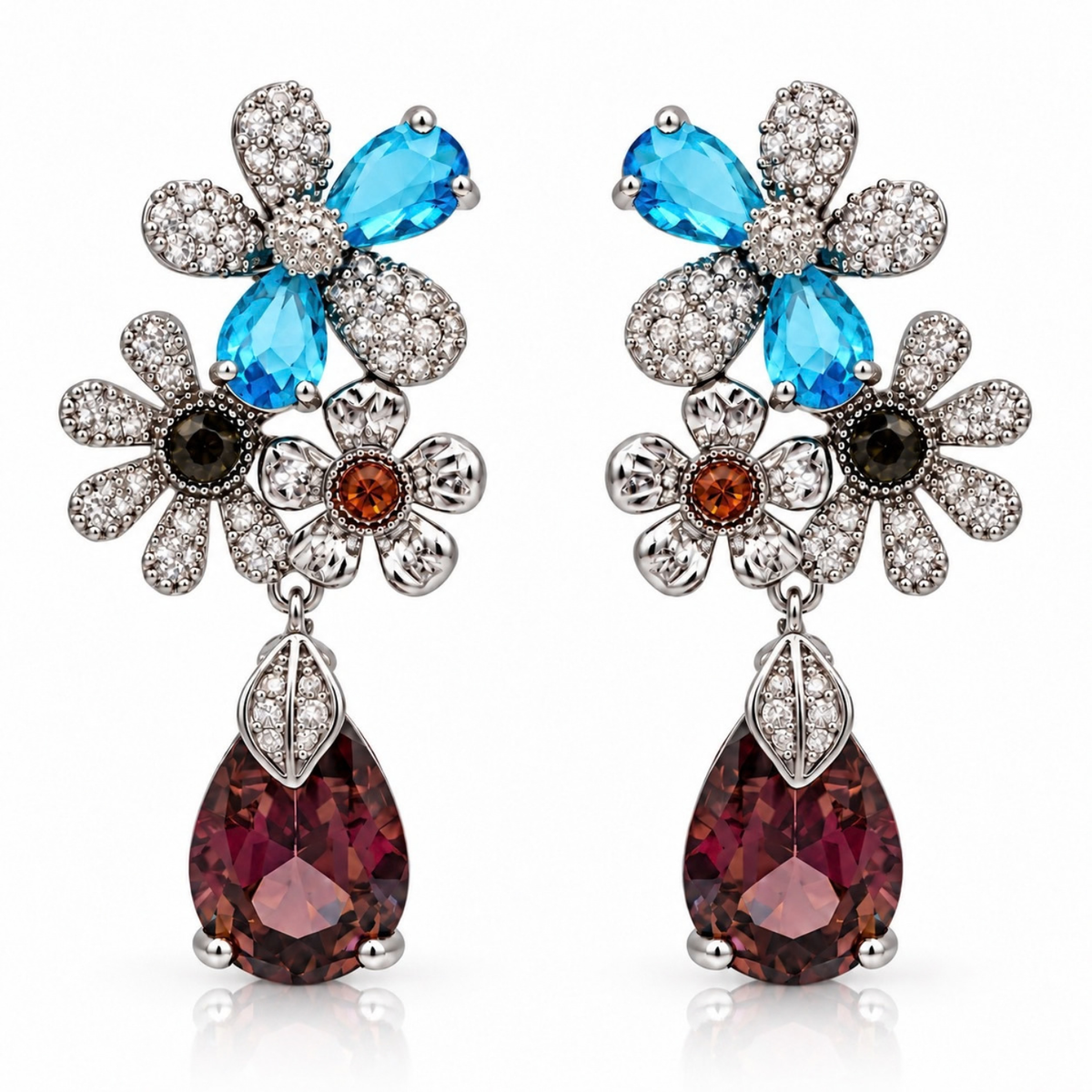 Kensington Bloom – Multicoloured Floral Drop Earrings in Silver Tone