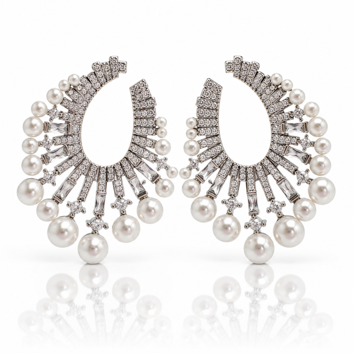 Luminous Oval – Silver-Tone Crystal & Pearl-Effect Statement Earrings