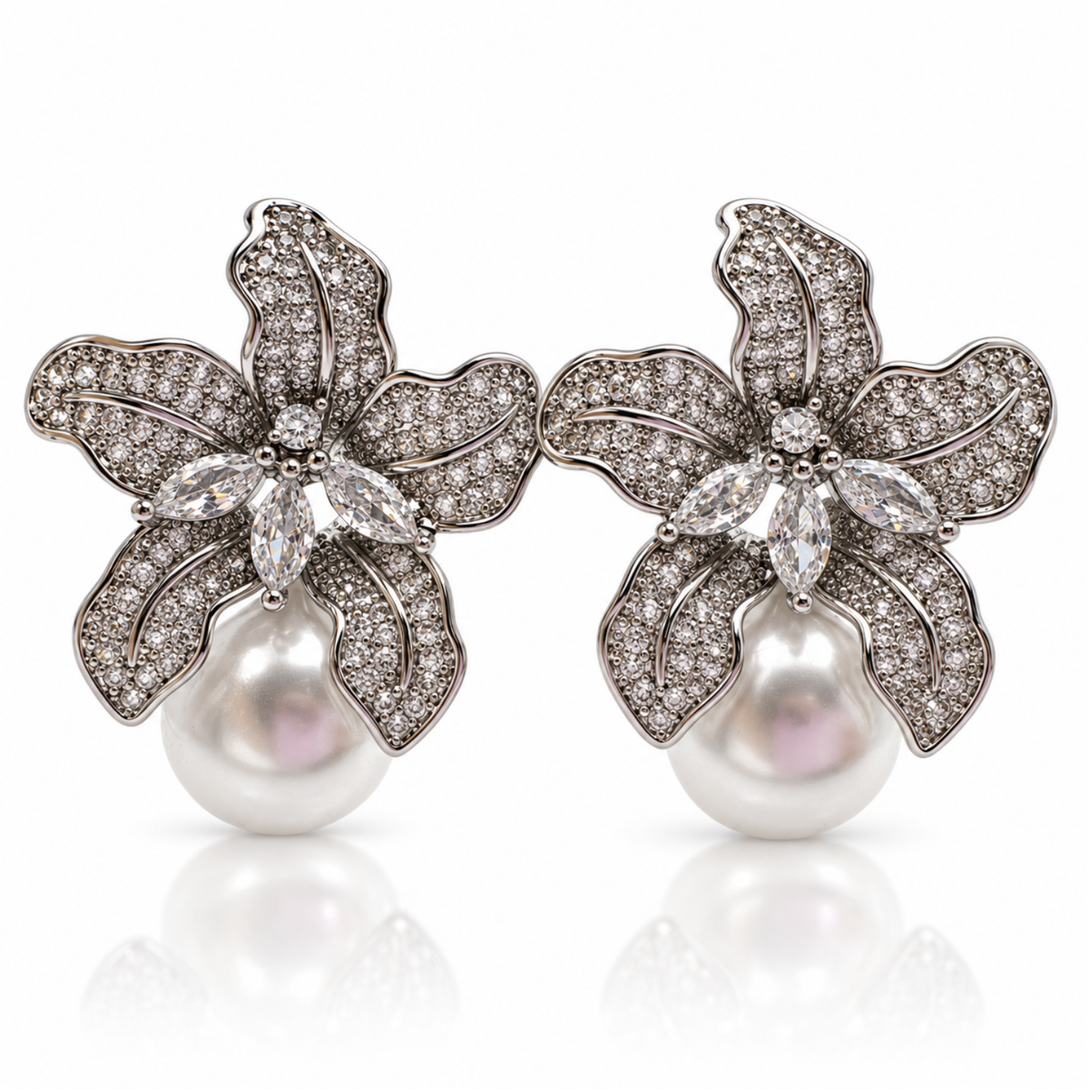Mayfair Blossom – Silver-Tone Floral Pearl-Effect Earrings