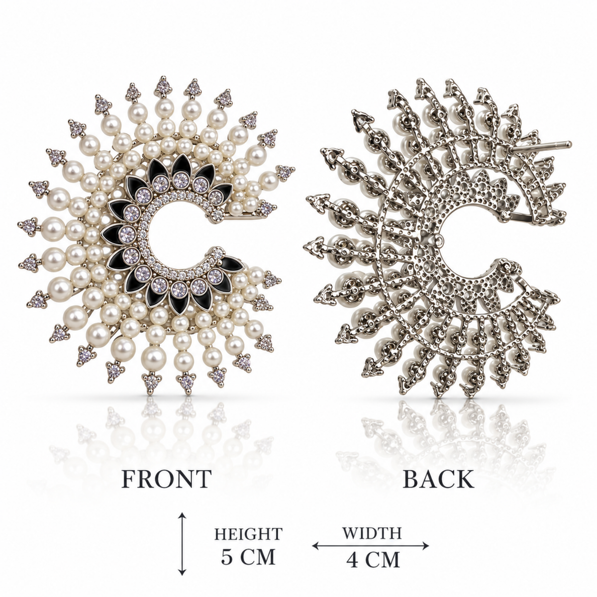 Pearl Eclipse – Silver-Tone Sunburst Pearl-Effect & Crystal Statement Earrings