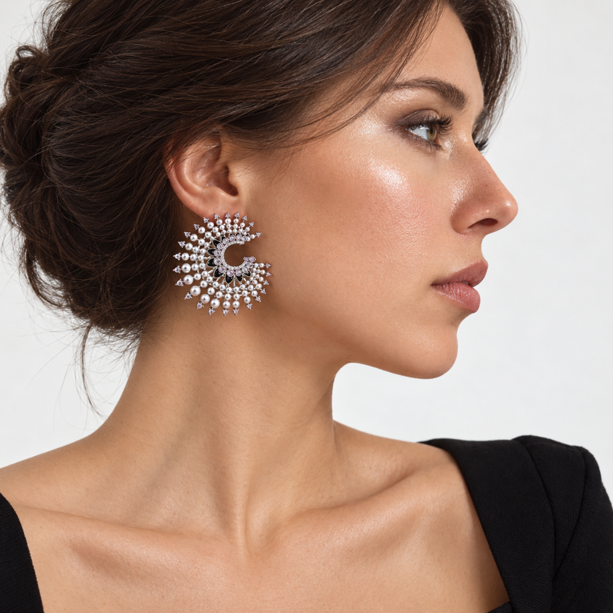 Pearl Eclipse – Silver-Tone Sunburst Pearl-Effect & Crystal Statement Earrings