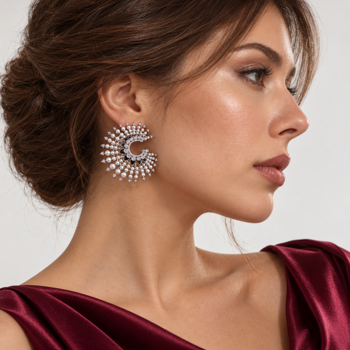 Pearl Eclipse – Silver-Tone Sunburst Pearl-Effect & Crystal Statement Earrings