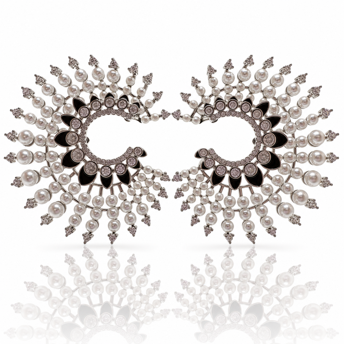 Pearl Eclipse – Silver-Tone Sunburst Pearl-Effect & Crystal Statement Earrings