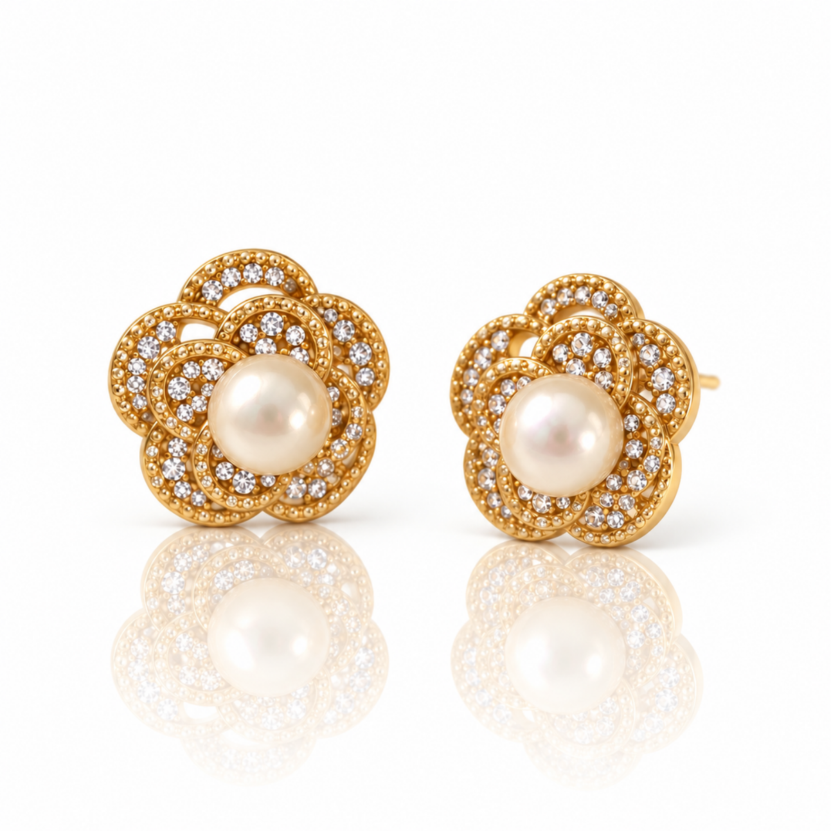 Pearl Bloom – Floral Pearl-Effect Stud Earrings, 18-Carat Gold-Plated