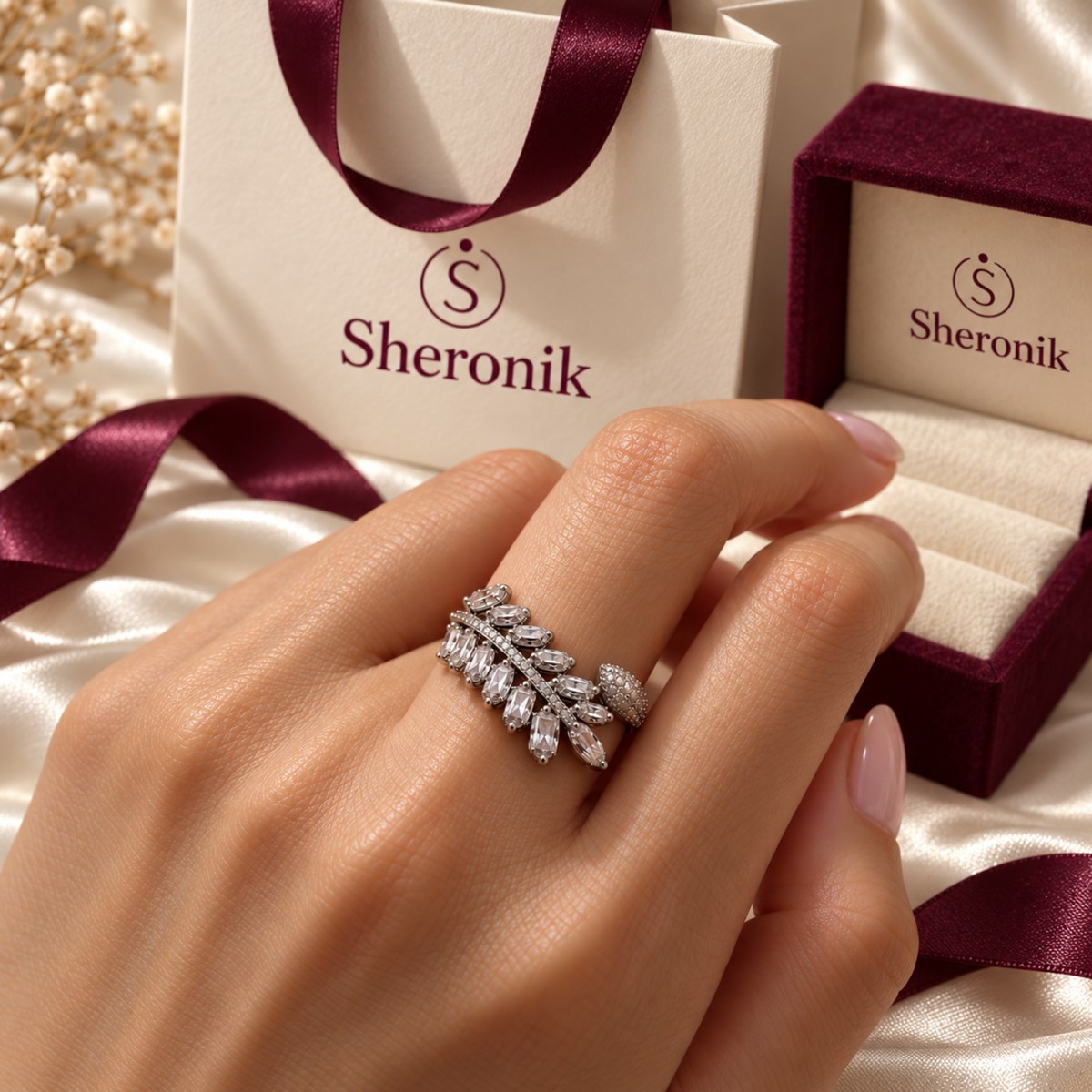 Silver Plume – Silver-Tone Feather-Inspired Clear Stone Open Ring