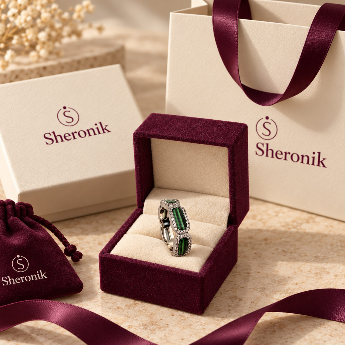 Verdant Halo – Silver-Tone Striped Green Stone Halo Band Ring