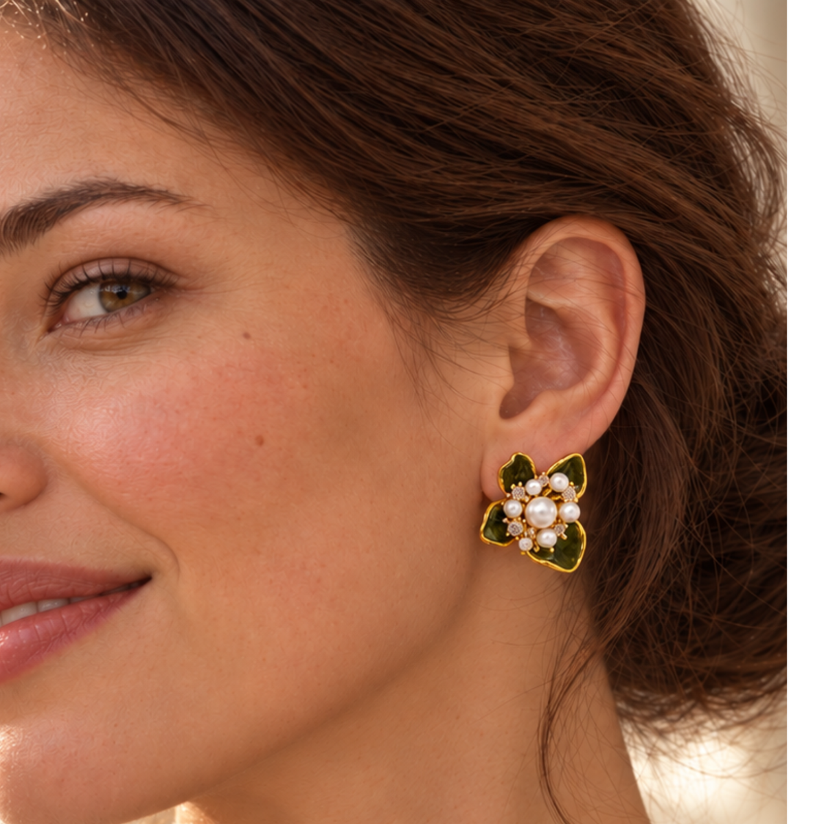Gold-Plated Flower Stud Earrings with Pearls & Rhinestones