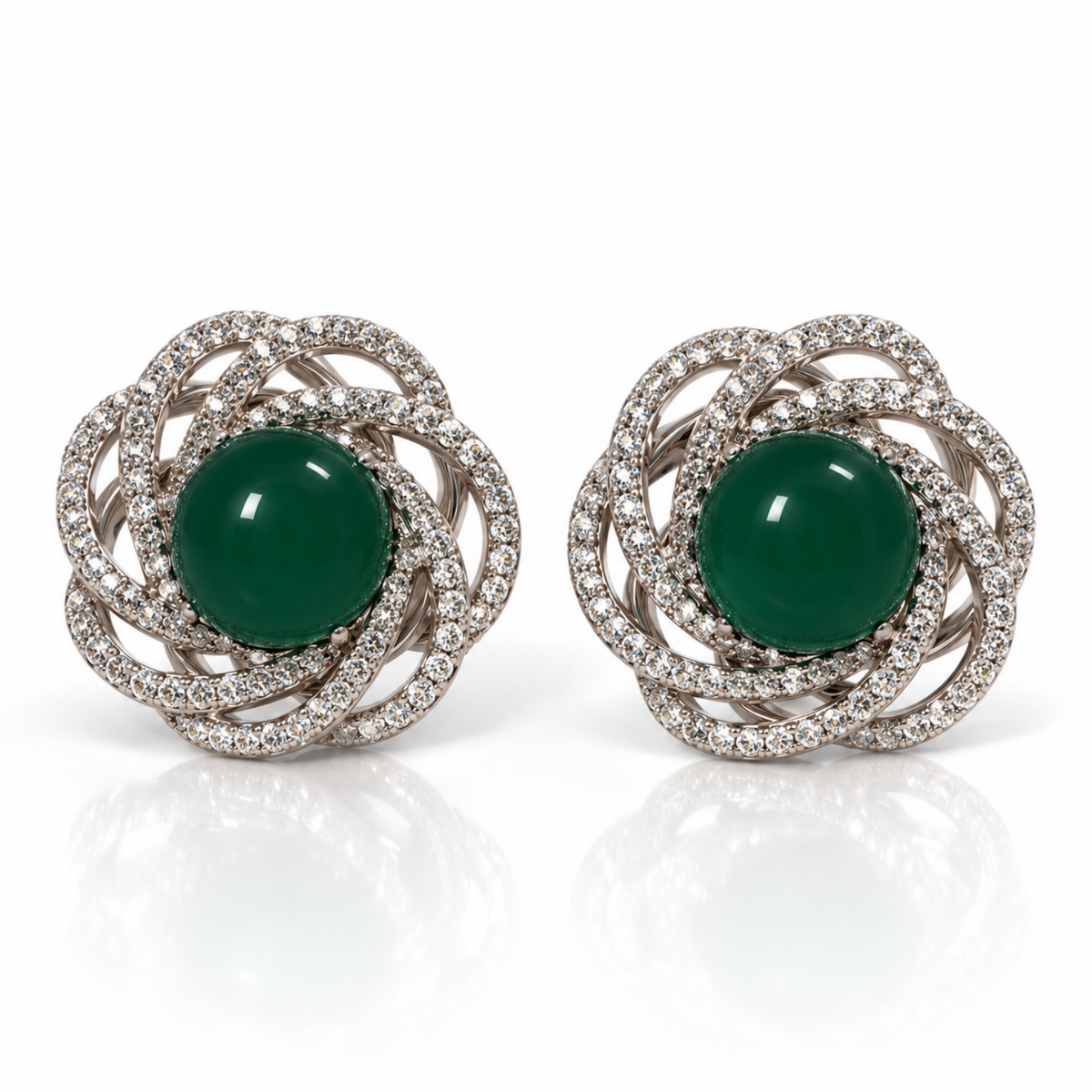Emerald Rosette – Green Cabochon Stud Earrings, Silver-Plated