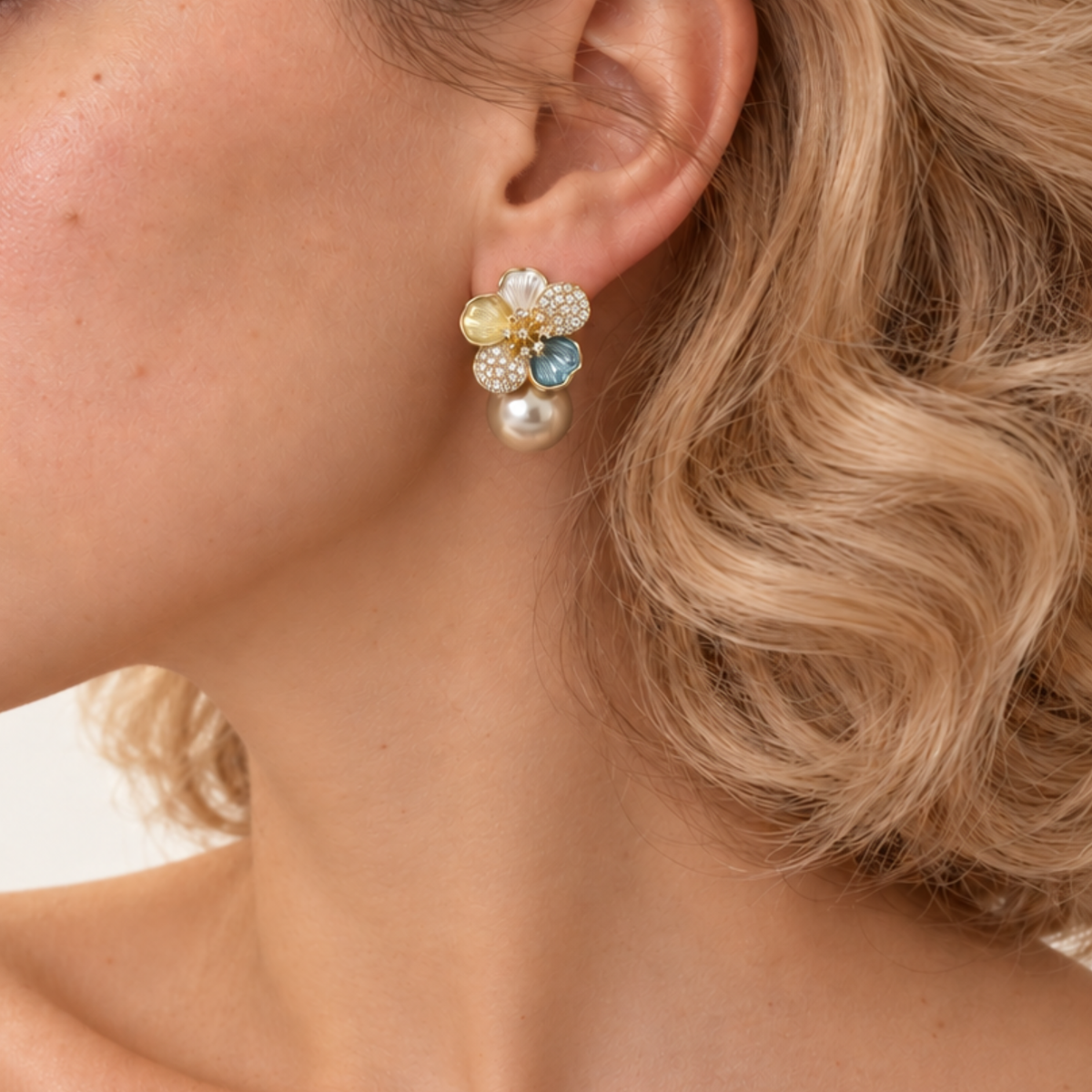 Opaline Blossom – Multicolour Flower & Diamanté Pearl-Effect Drop Earrings