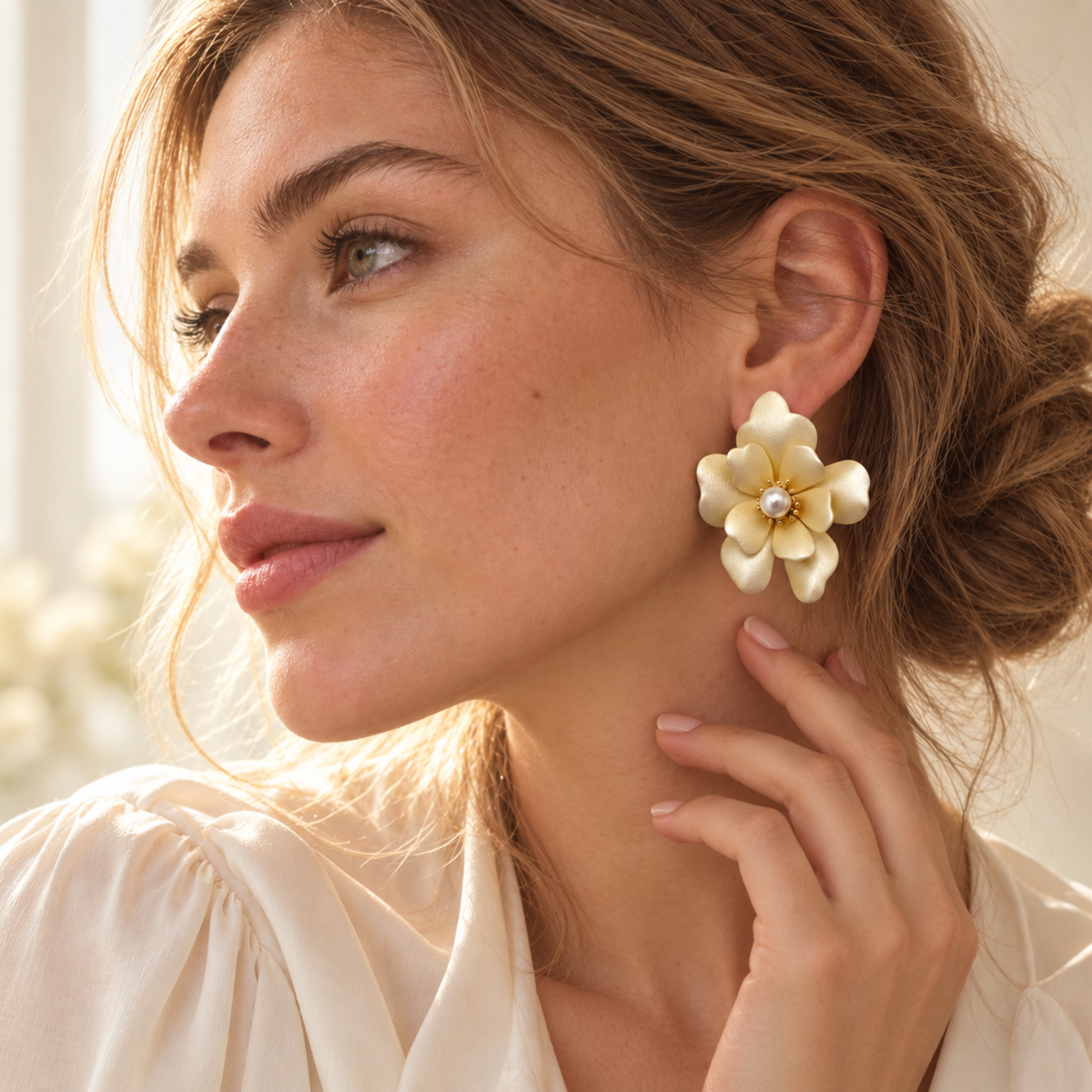 Butter Yellow Flower Stud Earrings with Faux Pearls