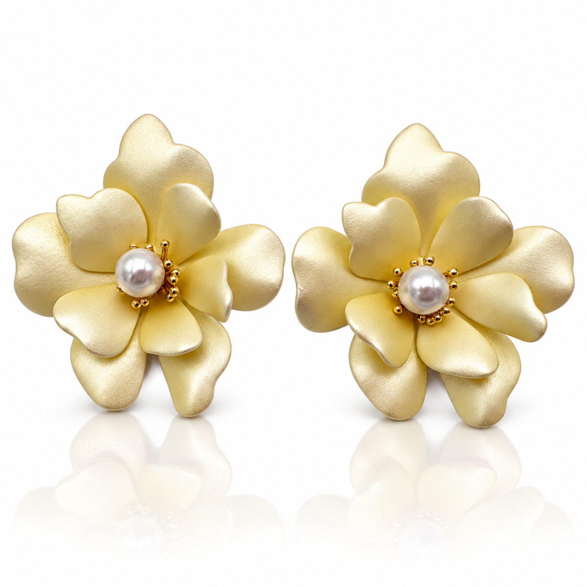Butter Yellow Flower Stud Earrings with Faux Pearls