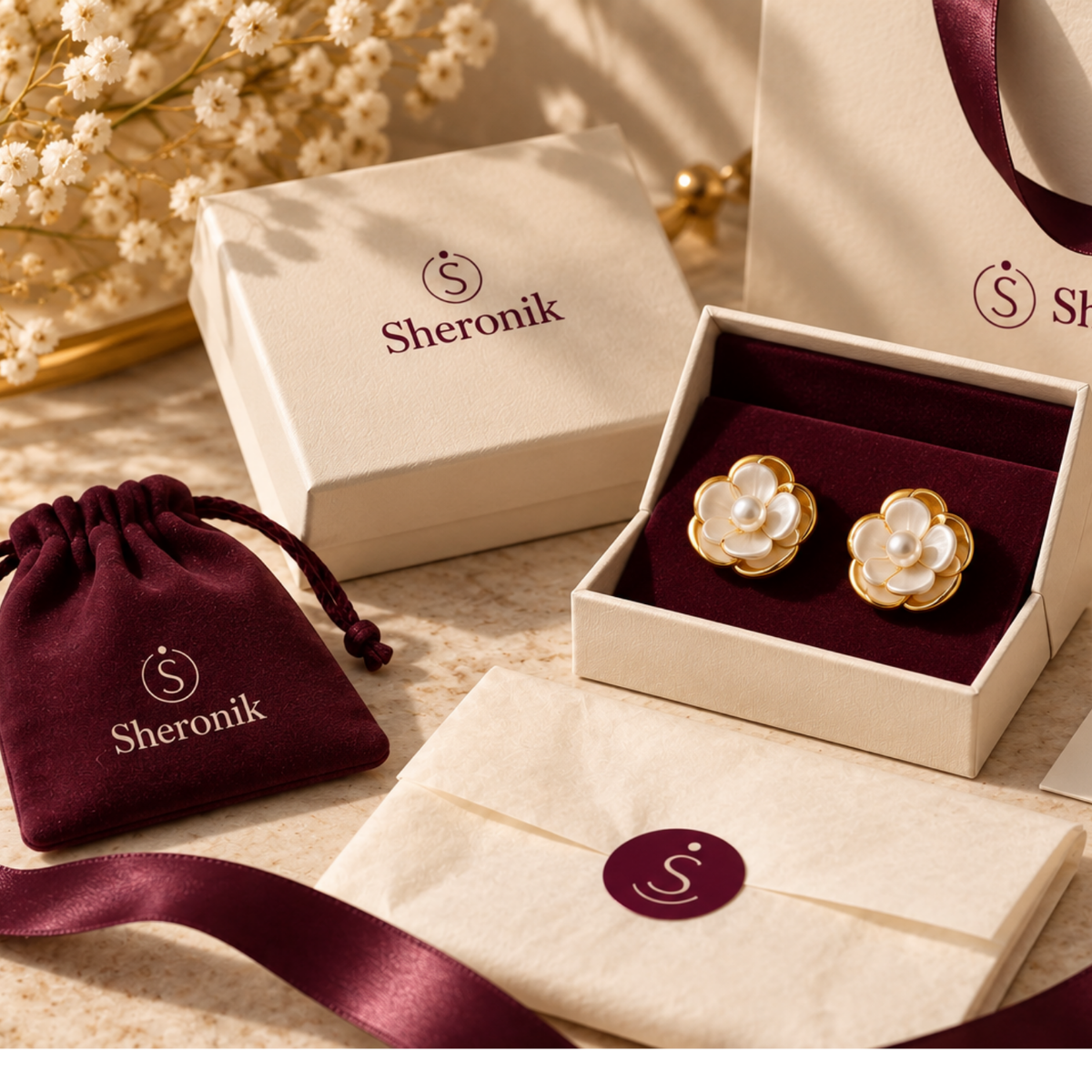 Golden Camellia – Pearl Flower Stud Earrings, 18-Carat Gold-Plated | Sheronik